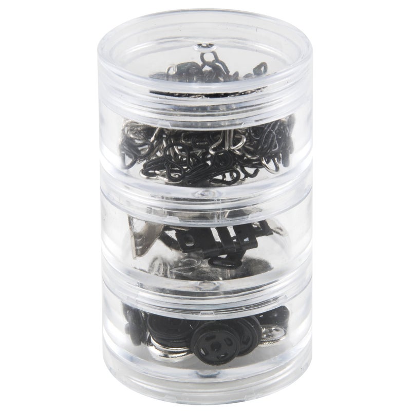 SINGER 07400 Fastener Variety-Pack in Stackable Screw Top Container - 48 Hook & Eyes, 24 Sew-On Snaps, 6 Hook & Bars , Black - Image 1
